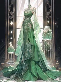 Fairy Core Gown, Green Fantasy Dress Drawing, Fairy Core Dresses, Silhouette Mode, Fairycore Dresses, Dress Reference, Fun Dresses, Fantasy Outfits, Dreamy Gowns