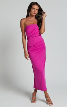 Calanthe Midi Dress - Strapless Tuck Detail Dress in Orchid | Showpo USA Pre-draped Strapless Dress With Pleated Bodice, Strapless Bandeau Dress With Ruched Bodice For Date Night, Party Strapless Dress With Straight Neckline, Fitted Strapless Pre-draped Evening Dress, Bandeau Dress With Ruched Bodice For Date Night, Date Night Bandeau Maxi Dress With Ruched Details, Strapless Midi Dress With Fitted Bodice For Night Out, Strapless Party Dress With Ruched Bodice, Spring Pre-draped Strapless Dress For Party