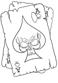 a drawing of a skull in the shape of a ace playing card with hearts on it