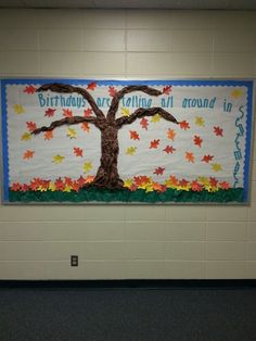 a bulletin board with an autumn tree on it in a classroom hallway at the elementary school