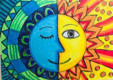 a drawing of the sun and moon with different colors