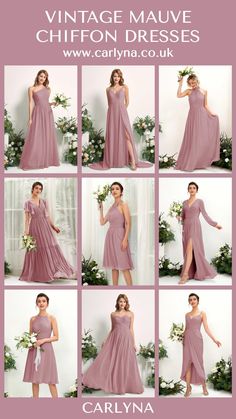 a collage of photos showing different styles of bridesmaid gowns and dresses