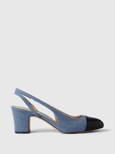 These heels are made with a denim upper.  Vegan leather toe cap.  Slingback strap at ankle.  Heel height: 2. 5" Shoe Lookbook, College Shoes, Jeans Heels, Heels Blue, Denim Heels, Jeans With Heels, Dressy Shoes, Slingback Heels, Shoe Inspiration