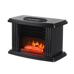 an electric fireplace heater with flames on the front and side panels, black finish