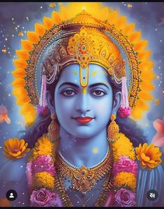 the avatar of lord rama with sunflowers on his head and chest, painted in blue