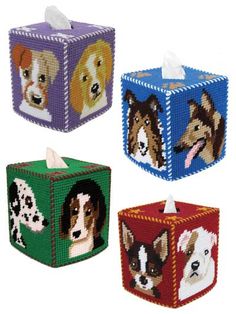 four different colored cubes with dogs on them and one has a candle in the middle