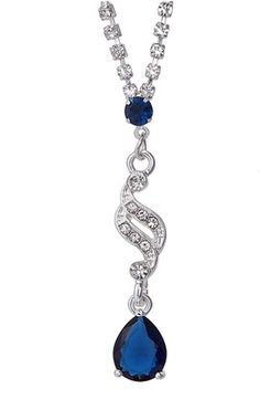 a necklace with a blue stone and white diamonds on the bottom, hanging from a silver chain