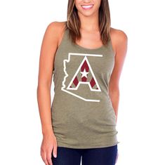 Arizoniacs Logo  50% polyester/25% combed ring-spun cotton/25% rayon, 32 singles 4.3 ounce tri-blend racerback tank. Extremely soft, comfortable and stretchy. Tri-blend fabric has a heather look for all colors. Fabric laundered for reduced shrinkage. 4”Arizoniacs logo on the back Country Thunder, Mountain Music, Military Green