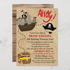 a pirate birthday party card with an envelope