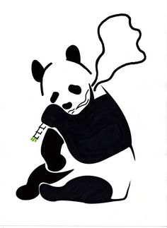 a black and white drawing of a panda bear holding a bamboo stick in its paws