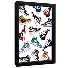 a black framed wall hanging with many different shoes on the front and bottom half of it