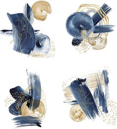 four abstract paintings with blue and gold colors