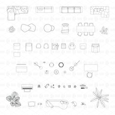 a bunch of different types of furniture and accessories in black and white, all drawn up