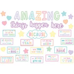 the words amazing things happen here are written in pastel colors and surrounded by stars