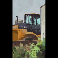 an abstract painting of a bulldozer in the background