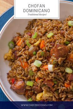 a white plate topped with fried rice and sausage