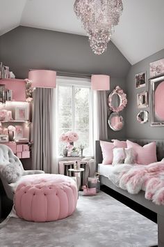 a bedroom decorated in pink and grey tones