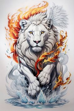 a drawing of a white lion with orange and red flames on it's body