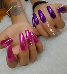 #chromenails #pinknails #purplenails #nails2019 #nails4ever #swarovskinails #prettynails #longnails #mirrornails Purple Unicorn Chrome Nails, Purple Mirror Nails, Hot Pink Chrome Nails, Neon Purple Nails, Purple Chrome Nails, Pink Chrome Nails, Purple Acrylic Nails, Chrome Nails Designs, Red Acrylic Nails