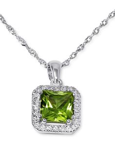 A vivid, green princess-cut peridot is enhanced by a frame of diamonds in this stunning white gold pendant necklace. Macy's Green Jewelry For Anniversary, Elegant Green Macy's Jewelry, Green Princess, White Gold Pendant Necklace, White Gold Pendant, Halo Pendant, Gold Pendant Necklace, Diamond Clarity, Spring Rings