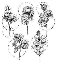 four different flowers with skulls on them