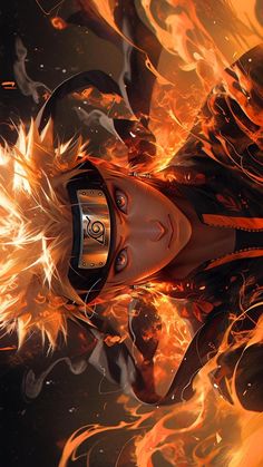 a woman with fire in her hair and headphones on is surrounded by orange flames