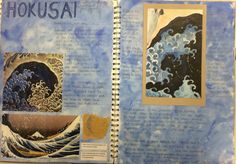 an open book with pictures of waves and words on it that read hokusai