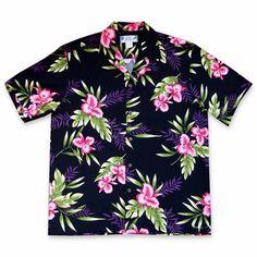 Midnight Black Hawaiian Rayon Shirt - Made in Hawaii Pink Hawaiian Shirt, Aloha Dress, Aloha Print, Black Hawaiian Shirt, Hawaii Usa, Hawaiian Outfit, Rayon Shirt, Pink Orchids, Cool Hawaiian Shirts