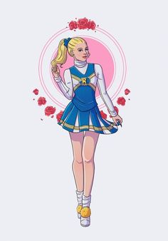 a drawing of a girl in a cheerleader uniform with roses around her neck and hands behind her back