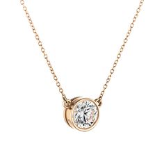 This classic Bezel Pendant is set with a Round Cut Lab Grown Diamond center stone on a 16 inch, 1.4mm chain. | Metal Weight: 2.0gr. Classic Rose Gold Round Solitaire Necklace, Classic Rose Gold Jewelry With Round Stone, Classic Round Rose Gold Diamond Necklace, Rose Gold Round Necklace With Prong Setting, Classic Rose Gold Round Diamond Necklace, Rose Gold Necklaces With Prong Setting, Bezel Necklace, Bezel Pendant, Green Diamond