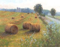 a painting of hay bales in a field