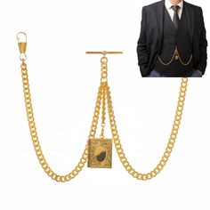 A Gold-colored pocket chain with a charm by the pocket is an elegant accessory that adds sophistication to every outfit. With different lengths (from 8 to 14 inches), the chain can be adjusted to individual needs. It will be a perfect choice for a suit, blazer, or pants with a classic background. Its universal character makes it a great gift for everyone - men and women. Regardless of the occasion - birthdays, name days, or holidays - it will definitely please every recipient. T-Bar measure: 30m Classic Metal Pocket Watch For Formal Occasions, Elegant Gold Metal Pocket Watch, Elegant Gold Pocket Watch With Locket, Gold Metal Pocket Watch With Chain, Elegant Gold Pocket Watch As Gift, Elegant Gold Pocket Watch Gift, Gold Pocket Watch With Chain For Formal Occasions, Double Gold Chain, Classic Background