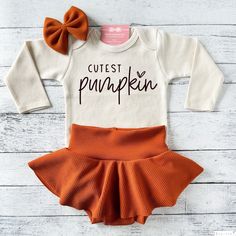 Cutest Pumpkin Fall Outfit Baby Girl, Thanksgiving Outfit, Pumpkin Patch Outfit, Niece Aunt Gift You may choose: ~"Cutest Pumpkin" bodysuit as shown. Available in short or long sleeve. ~Gorgeous skirted bummie created in the perfect fall color! ~Matching fabric bow/headband All items are handmade in our studio with loving care. Copyright © 2008 by ChristiCreations®, LLC. All rights reserved. This design or any portion thereof may not be reproduced or used in any manner whatsoever without the exp Baby Girl Pumpkin Patch Outfit, Baby Siblings, Clothes Country, Woman Costumes, Baby Clothes Country, Mommy And Baby Pictures, Patch Outfit