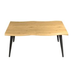 a wooden table with black legs on a white background