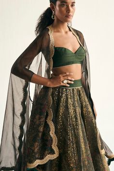 Green can can attached lehenga featuring floral printed motifs highlighted by sequins. Comes with padded blouse and printed cape. - Aza Fashions Fitted Elegant Chanderi Choli, Elegant Fitted Chanderi Choli, Party Choli With Intricate Embroidery For Transitional Season, Designer Choli With Sheer Dupatta For Transitional Season, Transitional Chanderi Choli For Parties, Transitional Party Chanderi Choli, Fitted Sharara For Party And Transitional Seasons, Transitional Anarkali Lehenga For Party, Festive Fitted Sharara With Sheer Dupatta