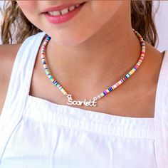 Personalize this Name Necklace for Girls with colorful Heishi Beads and a custom nameplate in silver, gold, or rose gold. Ideal for gifting daughters, granddaughters, and nieces, Clay Choker, Soft Necklace, Necklace For Girls, Heishi Beads, Girls Necklaces, Christmas Gifts For Kids, Daughter Gifts, Name Necklace, Customized Gifts