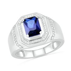 This men's 8.0 x 6.0mm emerald-cut lab-created blue sapphire and 1/10 ct. t.w. round diamond octagon-shaped framed and collared beveled edge shank ring is set in sterling silver. Custom-made to fit his ring size. Sterling silver rings cannot be resized after purchase. Classic Sterling Silver Signet Ring With Accent Stones, Modern Sterling Silver Emerald-cut Diamond Ring, Sterling Silver Signet Ring With Accent Stones, Modern 14k White Gold Jewelry With Accent Stones, Modern 14k White Gold Ring, Formal Emerald Cut Sterling Silver Signet Ring, Elegant White Gold Signet Ring With Accent Stones, Modern Rings With Octagon Center Stone, Modern Sterling Silver Diamond Ring