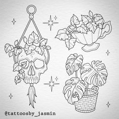 two drawings of plants hanging from hooks with the words tattoosty jasmin on them