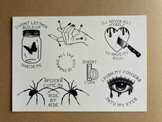 some stickers that are on top of a piece of paper with words and pictures