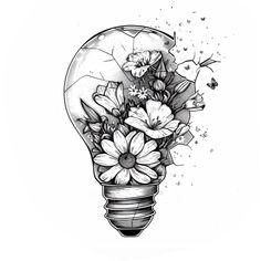 a drawing of a light bulb with flowers inside