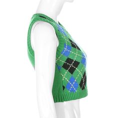 Green Diamond Print Crop Tank Sweater Retro Green Sweater Vest For Winter, Fitted Green Crop Top With Graphic Print, Green Sleeveless Letter Print Tank Top, Green Retro Cotton Tank Top, Green Graphic Print Cotton Tank Top, Green Argyle Sweater, Diamond Print, Green Diamond, Crop Tank