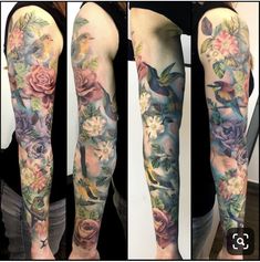 the arm is covered with many different flowers and birds on it, including one hummingbird