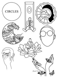 a black and white drawing of various things that are in front of a person's face