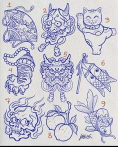 some drawings on paper with numbers and symbols in the middle one has an image of cats, fish, dragon, flowers, and other things