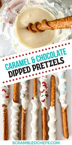 homemade caramel and chocolate dipped pretzels with text overlay