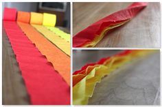 three pictures of different colored strips of paper on a wooden surface, one is yellow and the other is red