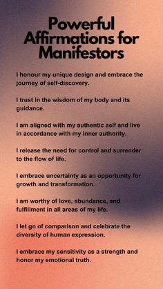 a poem written in black and white on a pink background with the words powerful affirmators for manifestors