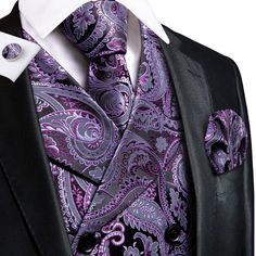 FEATURES Includes: Waistcoat, Necktie, Pocket Square and Cufflinks Material: 100% Handmade Silk Occasion: Wedding, Party, Business, Daily Look Gives your wardrobe an upscale look Free Worldwide Shipping Waistcoat Suit, Business Vest, Tuxedo Vest, Mens Waistcoat, Event Horizon, Vest Set, Purple Paisley, Vest And Tie, Paisley Tie