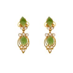 Elevate your jewelry collection with this one of a kind pair of 22k gold and emerald earrings by Virani Jewelers. A true representation of opulent Indian jewelry, these emerald earrings inspire the rich traditions of Indian jewelry. Each piece is a fusion of exquisite gemstones and lustrous gold making these 22k gold earrings a must-have for a lover of culture and fashion. Discover the magic of Virani Jeweler's craftsmanship and adorn yourself with these lovely 22k earrings. Features • 22k yello 22k Gold Gemstone Earrings For Formal Occasions, Gold Jade Wedding Earrings, Green Temple Jewelry Earrings For Anniversary, Green Emerald Temple Jewelry Earrings, Elegant 22k Gold Gemstone Earrings, Green Gemstone Temple Jewelry Earrings, Formal Green 22k Gold Earrings, Traditional Green Jade Earrings, Gold And Emerald