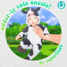 a person in a cow costume holding a stuffed animal with the caption, sweety cute onesie by suppletime